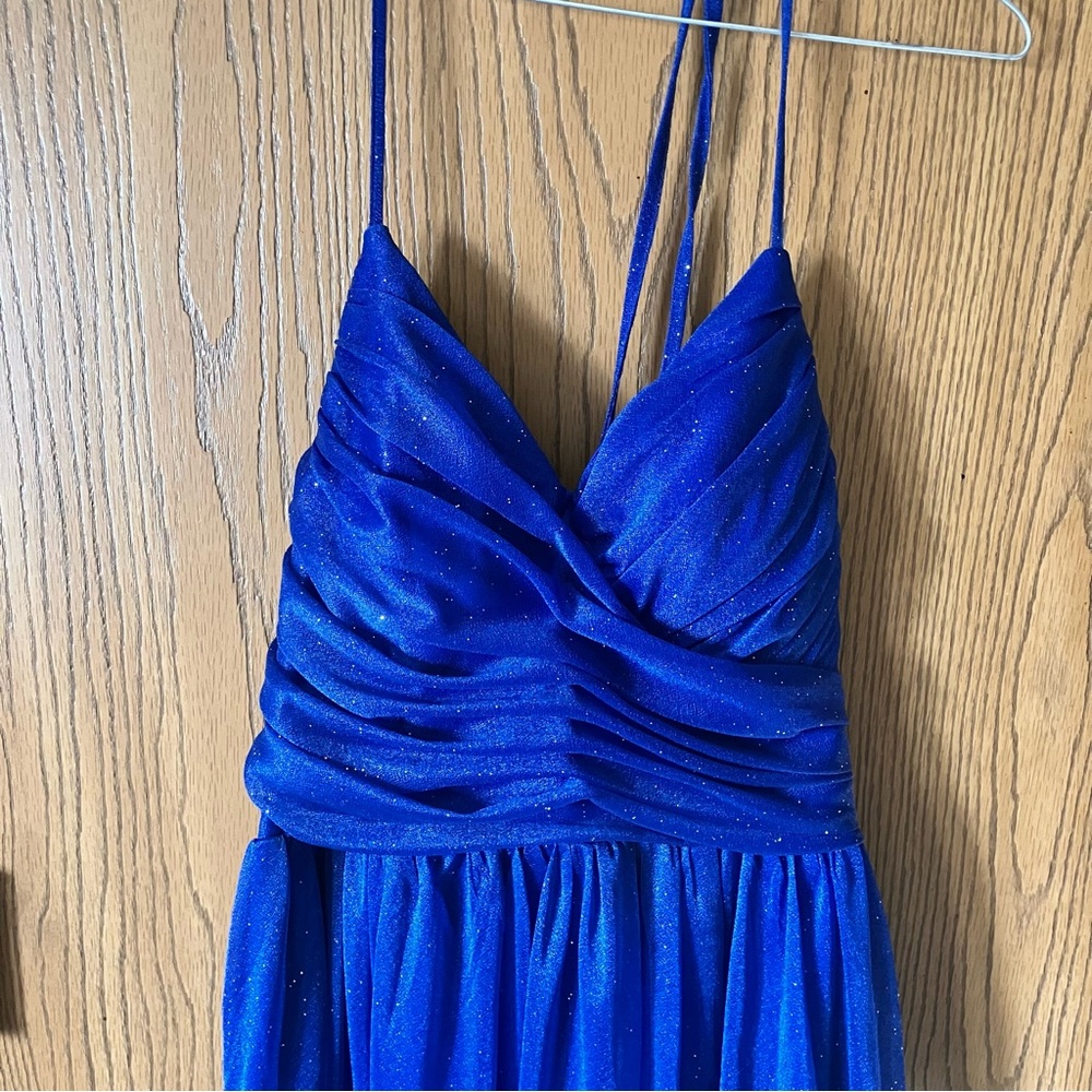 Royal Blue Spaghetti Strap Formal Floor Length Slit Corset Back Dress - Picture 3 of 8